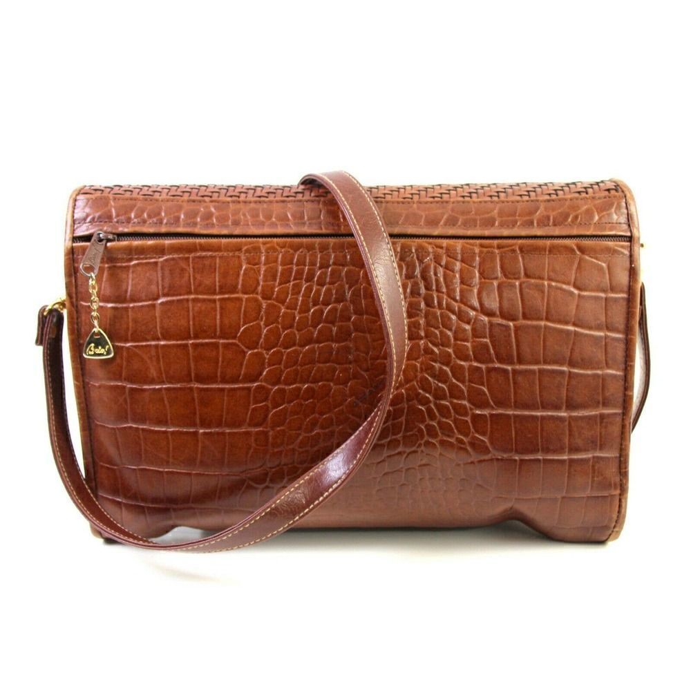 BRIO! BROWN CROCO BRAIDED GENUINE LEATHER ENVELOPE CLUTCH SHOULDER BAG HANDBAG - Picture 6 of 12